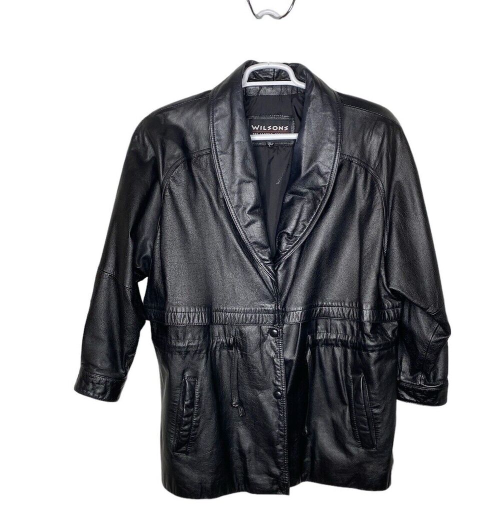 Vintage Wilson Leather Coat Black Lined Snaps Tie Waist Pockets Vents Woman L